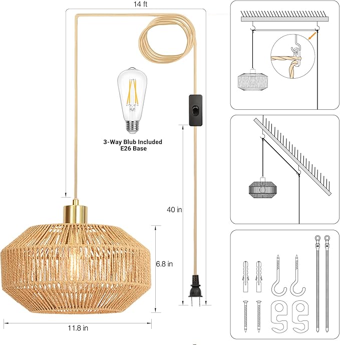 Qingmiao Boho Plug in Pendant Light, Rattan Hanging Lamp Plug in with Woven Shade, 3-Way Dimmable Hanging Light Fixture for Living Room Bedroom Kitchen Ceiling Farmhouse Home Decor