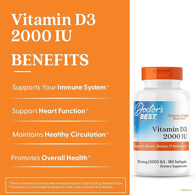 Doctor's Best Vitamine D3 2000 UI Gélules pour Hommes et Femmes - Complément de Vitamine D pour le Soutien du Système Immunitaire et la Santé Cardiaque, 50 mcg par Portion, Vit D3, Sans OGM, Sans Gluten, Sans Soja - 180 Gélules