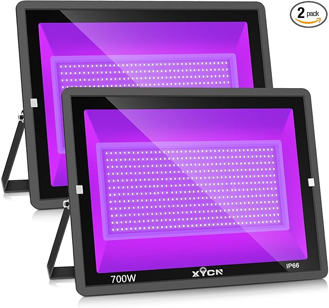 XYCN 2 Pack 700W LED Black Lights, 395nm to 410nm Flood Blacklight Light with Plug,Outdoor IP66 Waterproof for Glow in The Dark, Dance Party, Stage Lighting, Body Paint, Fluorescent Poster, Neon Glow