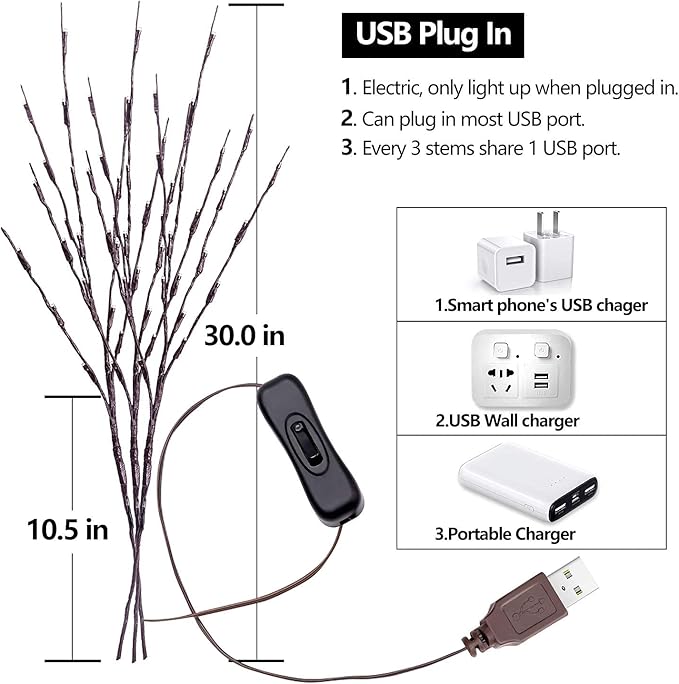 3PK 60" Led Branch Lights, Twig Lights, Lighted Branch for Vase, Willow Branches with USB Plug for Halloween Thanksgiving Day and Christmas,Warm White