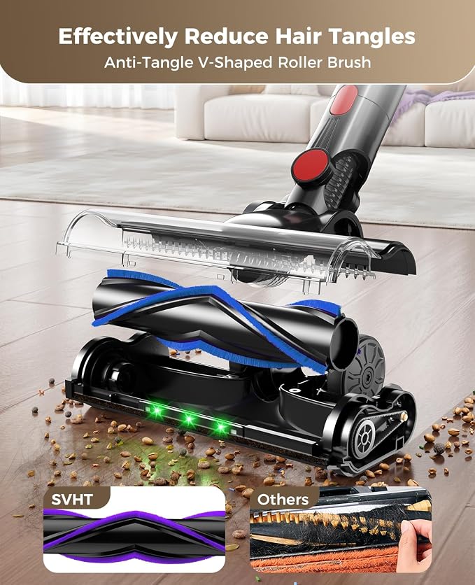 Cordless Vacuum Cleaner, 500W 45KPA Vacuum Cleaners for Home, 45Mins Lightweight Stick Vac with Anti-Tangle Brush, LED Display, Rechargeable Battery for Home, Carpets, Pet Hair, Hardwood Floors
