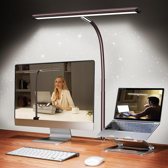 Airlonv LED Desk Lamp for Office Home, Eye-Caring Desk Light with Stepless Dimming Adjustable Flexible Gooseneck, 10W USB Adapter Desk Lamp with Clamp for Reading, Study, Workbench (Brown)