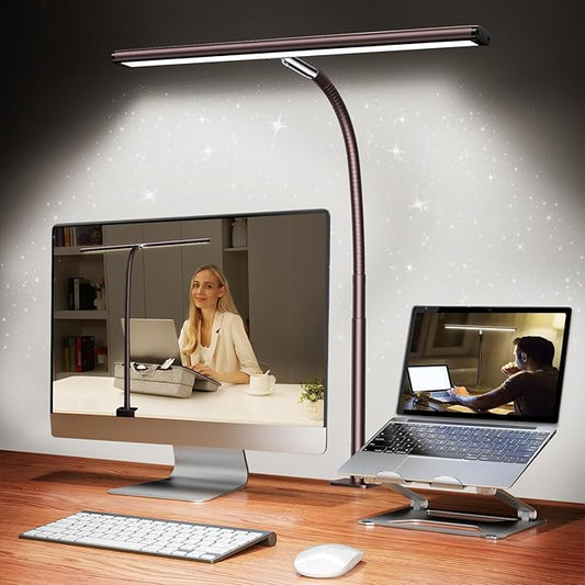 Airlonv LED Desk Lamp for Office Home, Eye-Caring Desk Light with Stepless Dimming Adjustable Flexible Gooseneck, 10W USB Adapter Desk Lamp with Clamp for Reading, Study, Workbench (Brown)