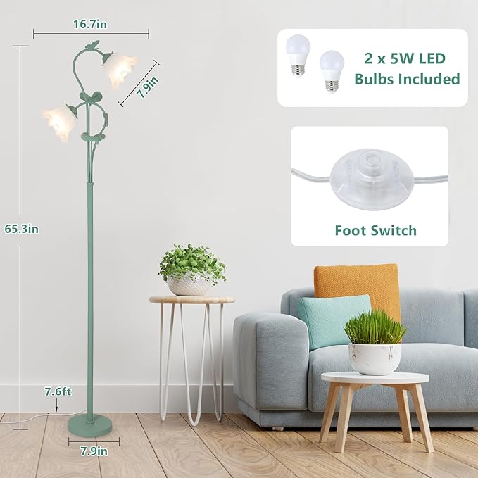 HMVPL Flower Floor Lamp for Living Room, Vintage Floor Lamp with 2 LED 5W Blubs, Foot Switch, Green Standing Lamp with Acrylic Shade, Unique Floral Tall Lamp for Living Room Bedroom Corner Office