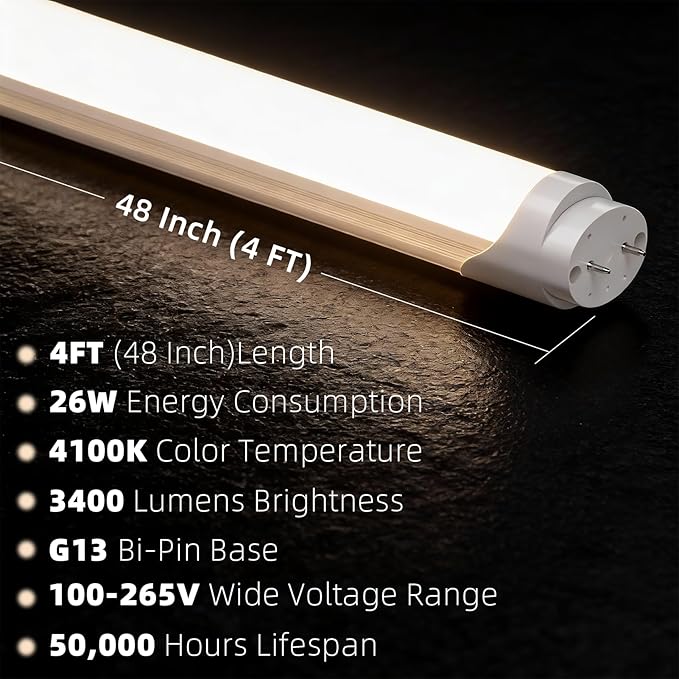 CYLYT Fluorescent Light Bulbs 48 inch, T8 LED Bulb 4 Foot Type A+B Replacement for F32T8 or F40T12 Tube, 26W 3400LM 4100K Cool White, Double or Single End Powered, 10-Pack
