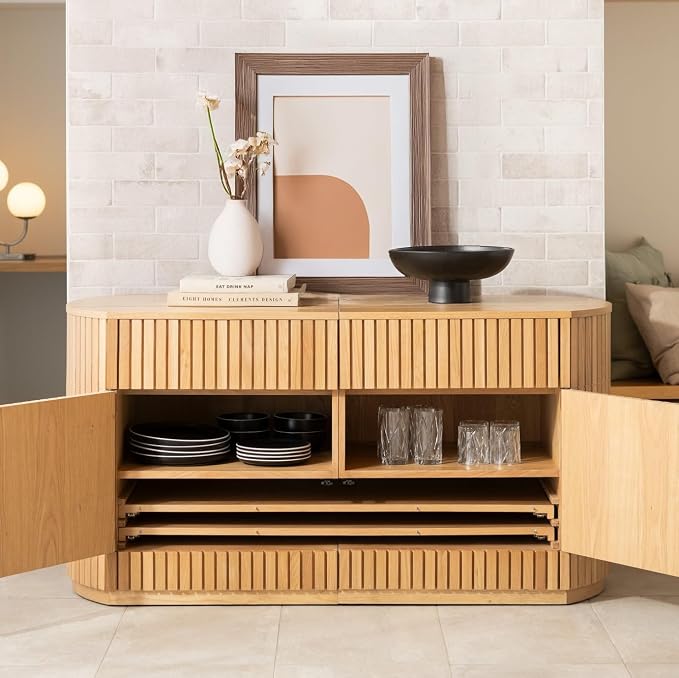 Transformer Table Round Sideboard Buffet Cabinet, Natural | Hidden Drawers, Wood Storage Cabinet, Solid Wood, Integrated Table Panel Storage