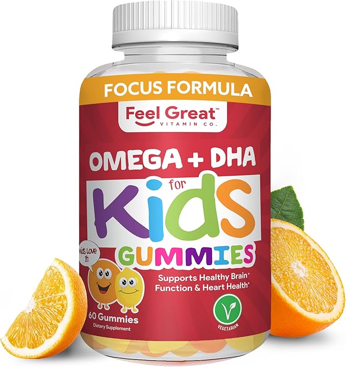 Feel Great Vitamin Co. キッズ用コンプリートDHAグミ | オメガ3 6 9 + DHA、ビタミンC配合 | 脳機能、視力、心臓の健康をサポート | グルテンフリー、ベジタリアン | 60粒