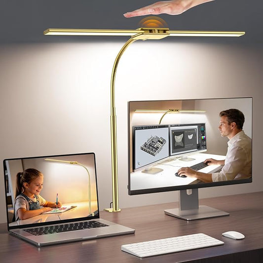Syrinx LED Desk Lamp for Office Home, Dual Head Eye-Care Architect Table Lamp, Gesture/Wired Control, Flexible Neck, Bright Desk Light with Memory/Timer, 50 Lighting Modes for Study, Drafting, Gold