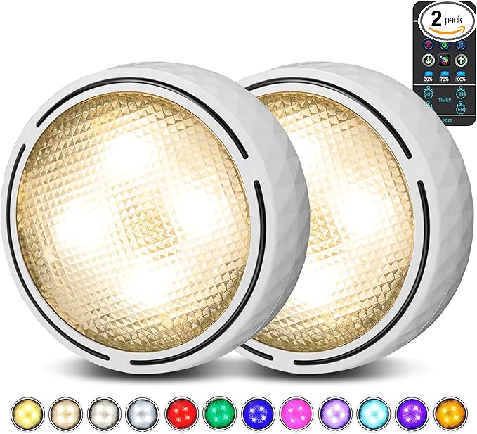 TECOMLIGHT LED Puck Lights with Remote Control, Battery Operated Wireless Closet Light, Under Cabinet Lights Stick on Tap Light, Color Changing Under Counter Light for Kitchen, 2 Pack - White