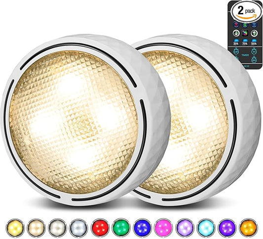 TECOMLIGHT LED Puck Lights with Remote Control, Battery Operated Wireless Closet Light, Under Cabinet Lights Stick on Tap Light, Color Changing Under Counter Light for Kitchen, 2 Pack - White