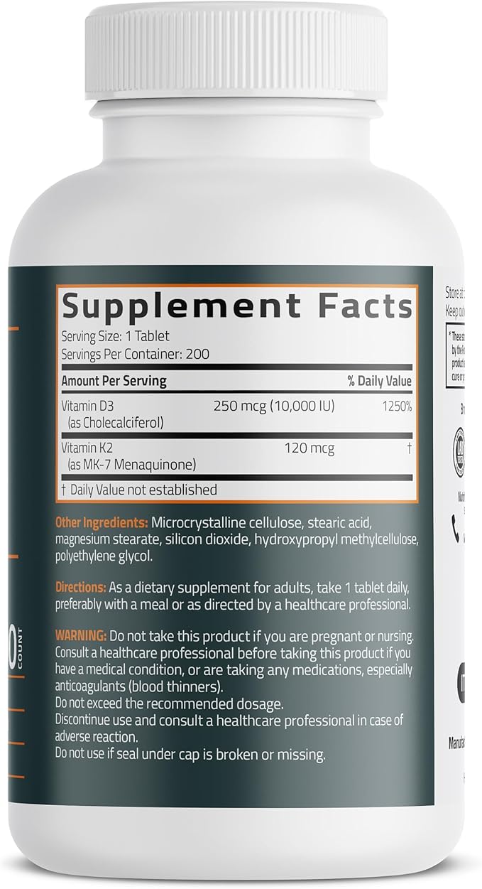 Bronson Vitamine K2 (MK7) avec D3 Supplément Force Extra 2 en 1 Soutien, 10 000 UI Vitamine D3 & 120 mcg K2 MK-7, 200 Comprimés