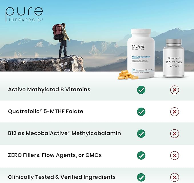 Methyl B Complete - 60 Vegetable Capsules | Optimal Methylation Support Supplement with Quatrefolic 5-MTHF (Active folate), Methylcobalamin (Active B12), B2, B6, and TMG | Pharmaceutical Grade
