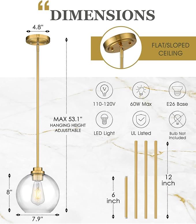 2 Pack Pendant Lights Kitchen Island, 8" Gold Pendant Light Fixtures with Globe Clear Glass Shade, Modern Brass Kitchen Island Lighting for Bathroom, AD-22280-2PL-GD