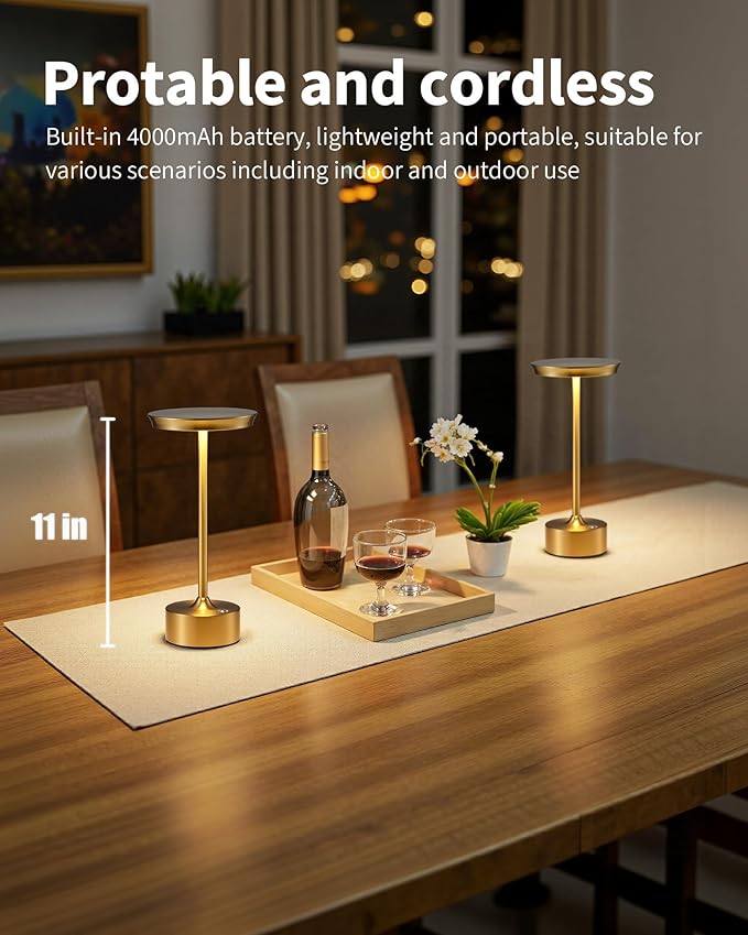 PUSU Rechargeable Table Lamps Set of 2, Gold Cordless LED 4000mAh Battery Desk Lamp, Stepless Dimming & 3 Color 2700K-6000K, Portable Lamp for Bedroom, Living Room, Restaurant, Outdoor, Night Light