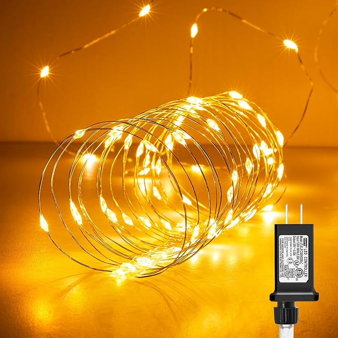 Minetom Fairy Lights Plug in, 33Ft 100 LEDs Waterproof Silver Wire Firefly Lights, Adaptor Included, Starry String Lights for Wedding Indoor Outdoor Christmas Patio Ramadan Decorations, Warm White