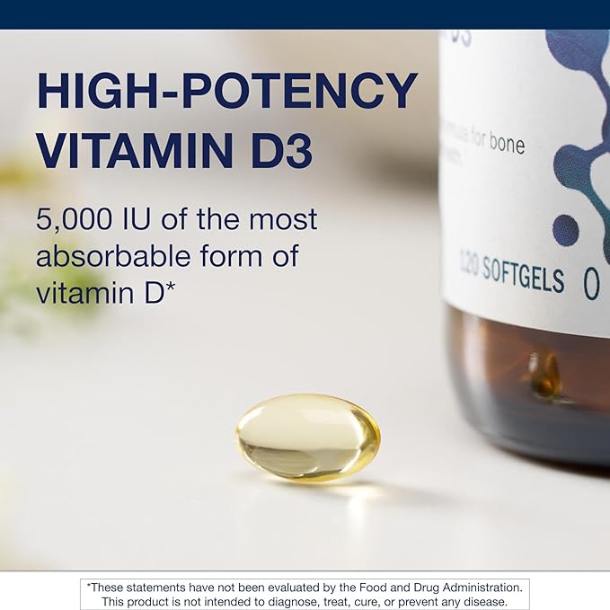 Complément alimentaire Metagenics Vitamine D3 5000 UI - Gélules à haute dose pour la santé immunitaire, osseuse et cardiaque* - 125 mcg de Cholécalciférol dans de l'huile de coco pour une meilleure absorption* - Sans OGM, Sans Gluten - 120 gélules