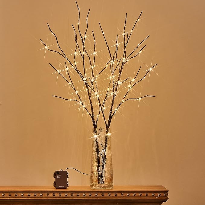 Birchlitland Lighted Brown Branches 32IN 100 LED with Timer Battery Operated, Artificial Tree Branch with Warm,Willow Branch Lights for Home Bedroom Fireplace Christmas Holiday Decoration
