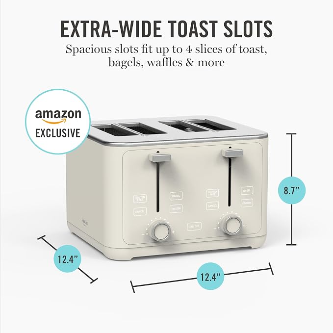 Martha Stewart 4 Slice Toaster, 10 Shade Settings with Defrost, Cancel, Bagel & Gluten-Free, Extra-Wide Self-Centering Slots for Waffles & Artisan Bread, Removable Crumb Tray, Cord Wrap, 1800W, Linen