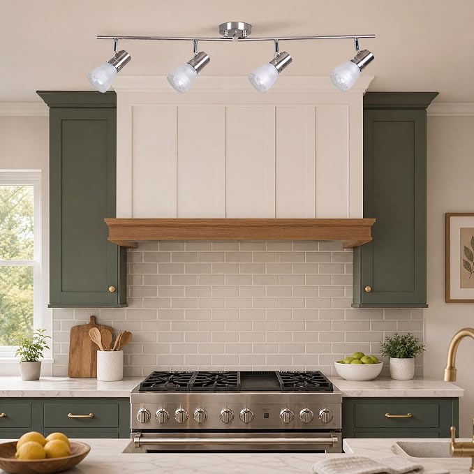 4-Light Track Lighting Kit, Brushed Nickel Flush Mount Ceiling Light Fixture with Frosted Glass Shades, Foldable Arms with E26 Adjustable Heads Spotlight, ETL Listed (35.6 inch)