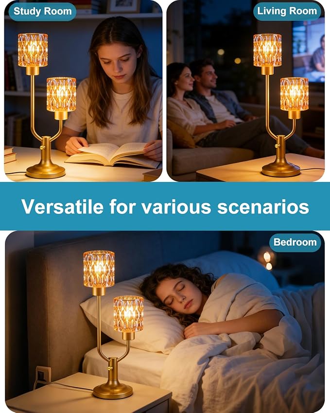 Lightdot Mid Century Modern Table Lamp for Living Room Dimmable Nightstand Lamp Amber Glass Vintage Gold Desk Lamp 2 Bulbs Included Warmwhite Ambient Bedside Lamps for Bedroom Home Office Decor Gift