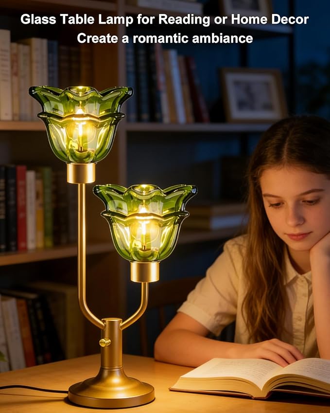 Lightdot Green Glass Flower Table Lamp Dimmable Nightstand Lamp Mid Century Modern Vintage Gold Desk Lamp 2 Bulbs Included Warmwhite Ambient Bedside Lamp for Living Room Bedroom Home Office Decor Gift