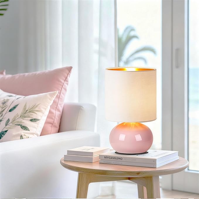 Hamucd Ceramic Table Lamps Set of 2, Modern Classic Bedside Lamps for Nightstand, Small Table Lamp for Bedroom Living Room Desk End Table (Pink)