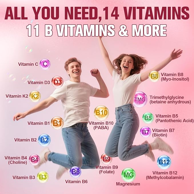 Gummies sans sucre complexe de vitamine B méthylée - Toutes les vitamines B + vitamine C D3 K2 Ashwagandha Magnésium Oméga 3 CoQ10 pour femmes et hommes - Méthylvitamine B12, méthylfolate, B1, B2, B3, B5, B6, B7 B9