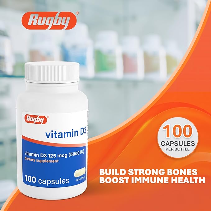 Rugby Vitamin D3 5,000 IU (125 mcg) - Vitamin D Dietary Supplement for Bone, Teeth, and Immune Health, 100 Capsules