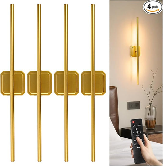 GvvooHome Battery Operated Wall Sconce Detachable 360°Rotate, Wireless Wall Lamp 3000-6500K Dimmable, 10000mAh Rechargeable Wall Light for Bedroom, Living Room，28.3" Black Gold 4 Pack