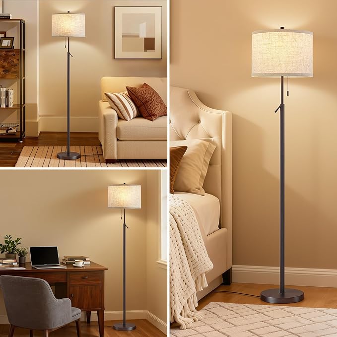 GyroVu Height Adjustable Floor Lamp, Standing Lamp with Metal Base Tall Lamp with Pull Chain & Beige Shade Modern Floor Lamps for Living Room, Bedroom & Office Bulbs Not Included(Brown)