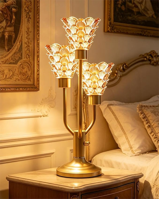 Mid Century Modern Table Lamp Nightstand Lamp Dimmable Gold Vintage Desk Lamp with Brown Glass 3 Bulbs Included Warmwhite Ambient Bedside Lamps for Living Room Bedroom Office Home Decor