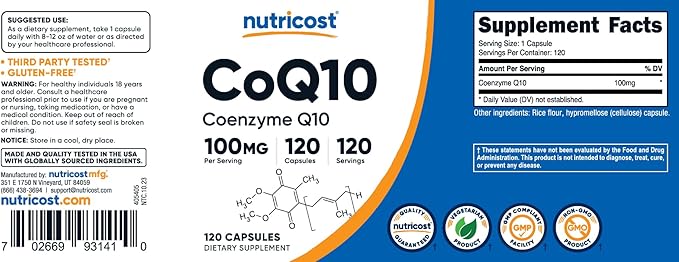 Nutricost CoQ10 100mg, 120 Vegetarian Capsules, 120 Servings - High Absorption, Vegetarian, Non-GMO, Coenzyme Q10