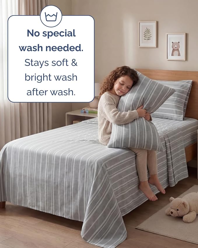 Twin 4 Piece Sheet Set - Comfy Breathable & Cooling - Soft Hotel Luxury Bedding Set with 8-16 Inch Deep Pockets - 1 Flat & 1 Fitted Sheet & 2 Pillowcases - Wrinkle Free & Easy Care - Grey Stripes 3