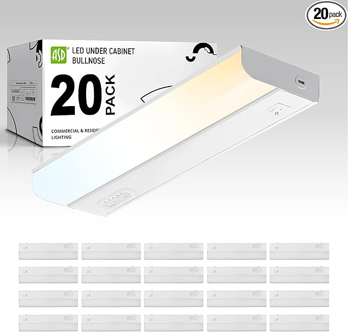 ASD LED Under Cabinet Lighting Hardwired, 12 Inch 5W 2700K-5000K Selectable, 442LM, CRI90+, Direct Wire Linkable Under Counter Lights for Kitchen, Dimmable Under Cabinet Lights, White, UL, 20 Pack