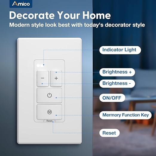 Amico Electronic Dimmer Switch, Touch Button Control, Single-Pole with LED Indicator, 150W Dimmable LED & 450W Incandescent, Includes Wall Plate, ETL Listed, 1 Pack, White