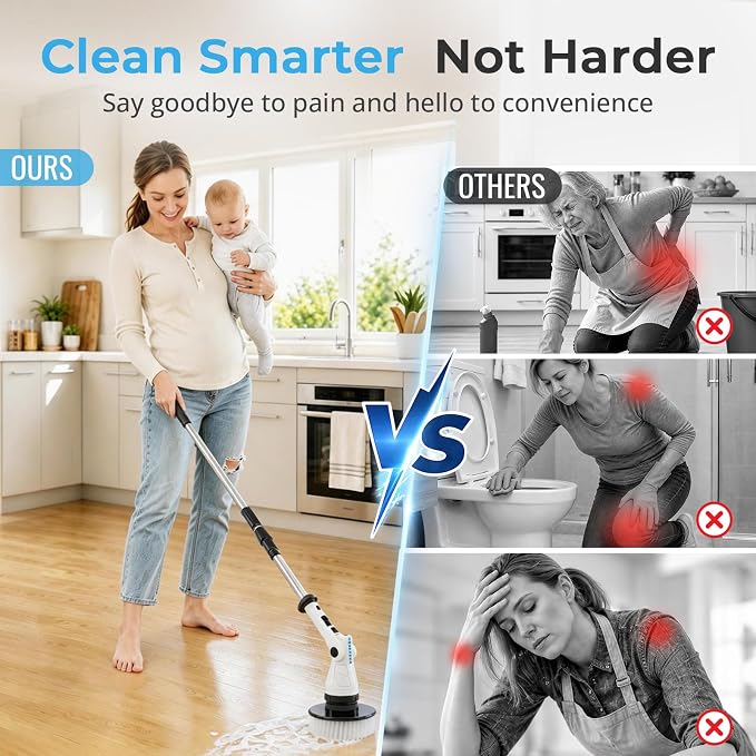 Electric Spin Scrubber, 3-Speed 6 Adjustable Head Power Scrubber for Cleaning Bathroom, 8 Brush Heads & 54" Long Handle, Cordless Scrubber with LCD Display Shower Scrubber for Grout Tile Floor Tub Car