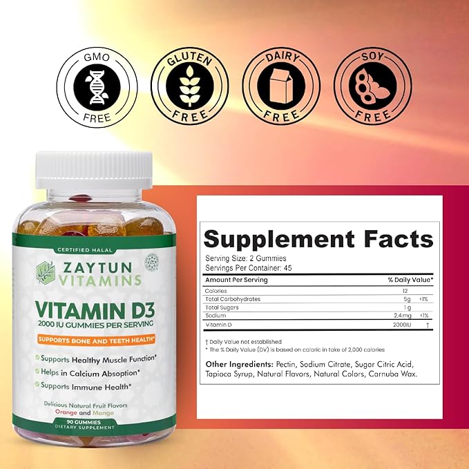 Zaytun Halal Vitamin D3 2000 IU Gummies, Supports Bone & Immune Health, Promotes Muscle Function, Gluten & Gelatin Free, 90 Natural Fruit Flavor Gummies, Made in USA - Halal Vitamins
