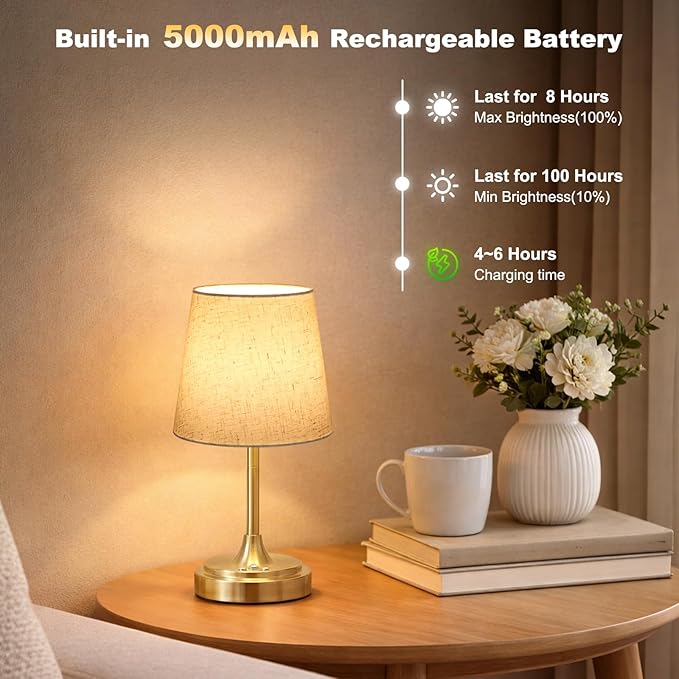 Wowag Small Cordless Table Lamp Rechargeable,5000mAh Battery Operated Desk Lamp,3 Colors & 7 RGB Stepless Dimmable,Touch Ambient Light for Bedside,Bedroom,Dining Room,Living Room,Gold,FlaxenShade
