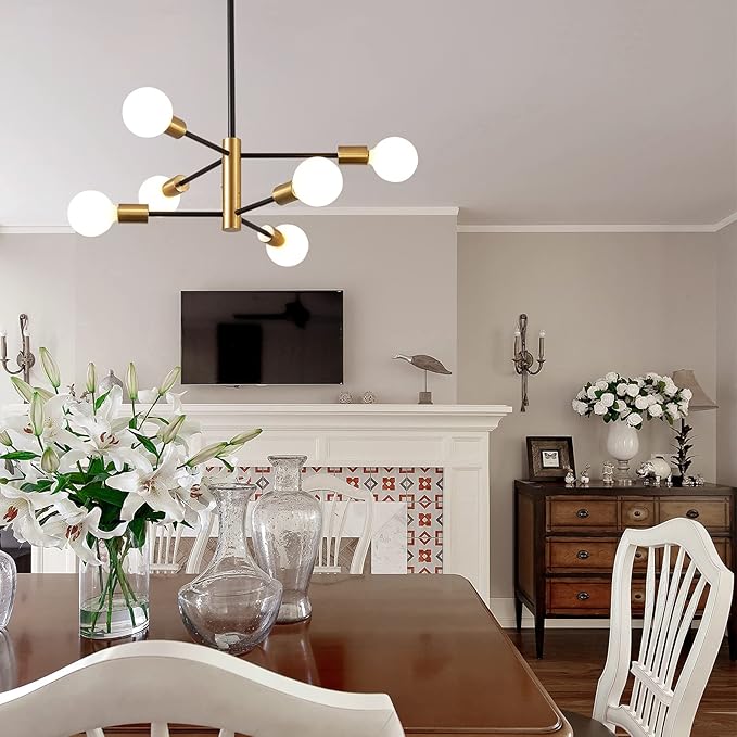 KAISITE Modern Sputnik Chandelier - 6 Light Chandelier with Height Adjustment, Black and Gold Finish for Kitchen, Bedroom and Foyer