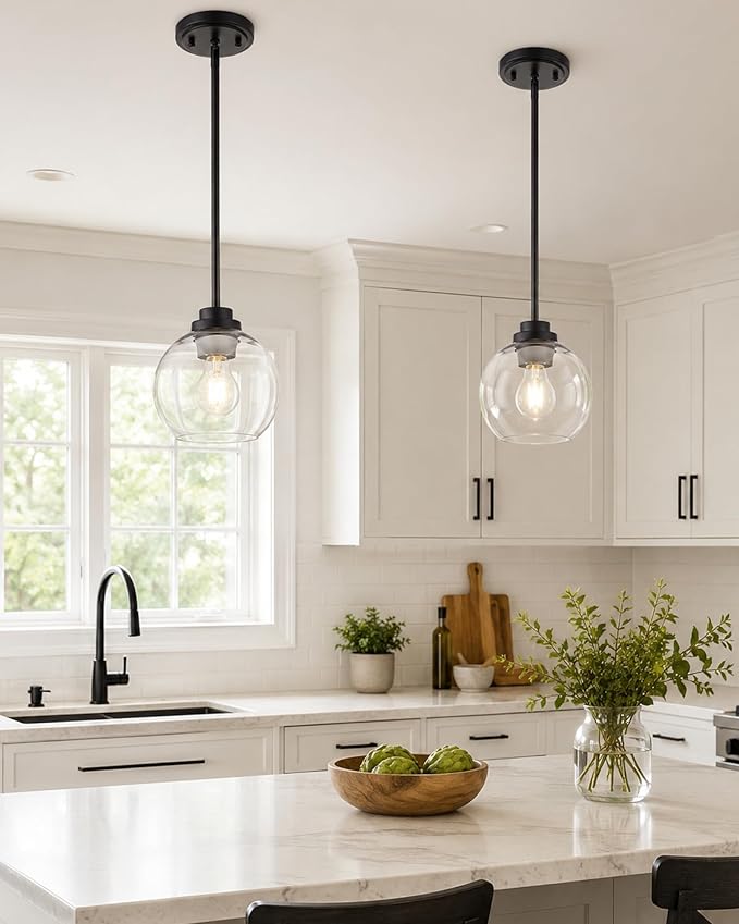 Pendant Lights Kitchen Island, 7" Modern Black Hanging Lights Fixtures with Clear Glass Globe Shade, Kitchen Island Lighting for Bathroom, AD-22280-1P-BK-C