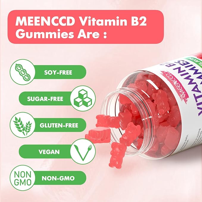 Gummies Vitamine B2 MEENCCD Riboflavine 400mg avec Magnésium pour Enfants et Adultes, Gummies B2 pour le Soulagement de la Migraine et le Soutien du Système Nerveux, Végétalien, Sans Sucre, Arôme Framboise, 60 Comprimés
