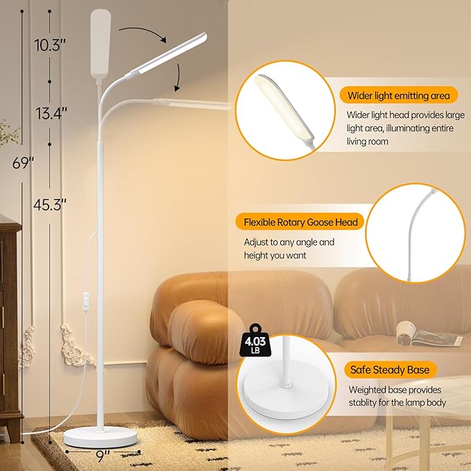 Aisutha LED Floor Lamp, 18W Super Bright Floor Lamp for Living Room, Adjustable Stepless Colors & Brightness Standing Lamp, Eye Caring Reading Light with Remote (White)