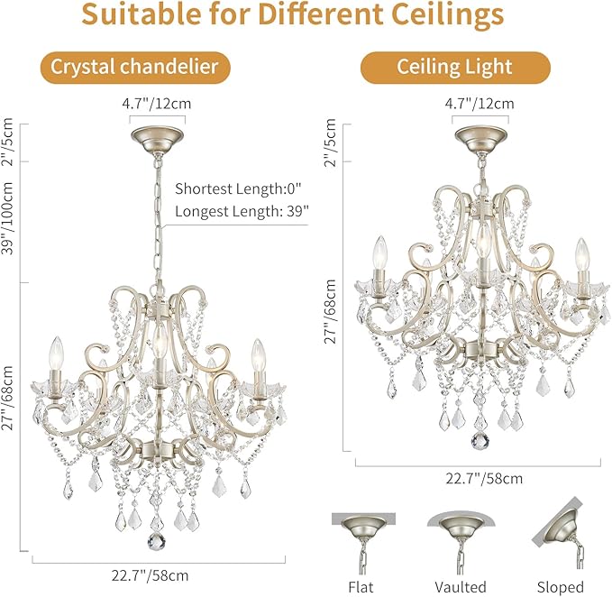 Crystal Chandelier, 5-Light Modern Chandelier for Dining Room Light Fixture, Nickel Finish Pendant Ceiling Light Fixture, Modern Candle Chandelier for Living Room Kitchen Island Entryway Bedroom