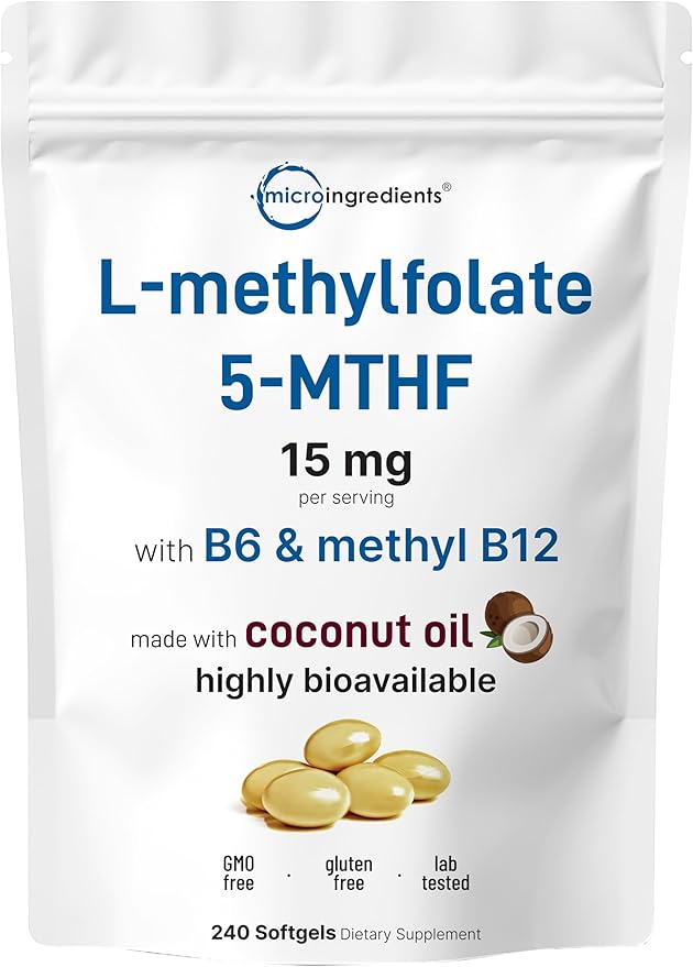 Micro Ingredients L Methylfolate 15mg, 240 Softgels | Active 5-MTHF with B6 & Methyl B12 | Methylated Vitamin B9 with Coconut Oil