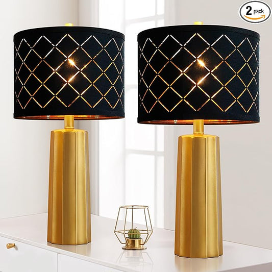 Set of 2 Modern Table Lamps for Living Room Bedroom, Gold Nightstand Resin Lamps with Black Grid Shade, Contemporary Desk Lamps for Bedside End Tables, 2 Bulbs Included (Gold)