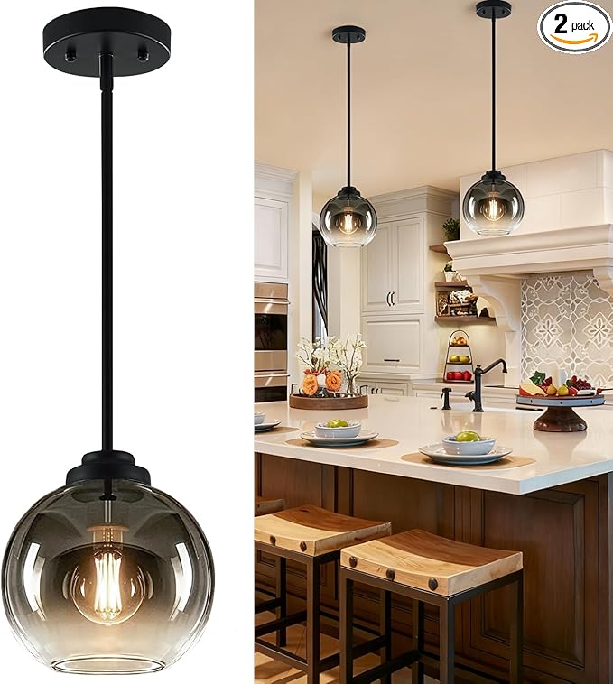 2 Pack 22"-50" Height Adjustable Glass Pendant Lights Kitchen Island, Globe Matte Black Pendant Lights with Grey Glass Shade, Mid Century Pendant Light Fixtures Kitchen Pendant Lighting over Island