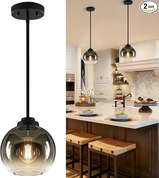 2 Pack 22"-50" Height Adjustable Glass Pendant Lights Kitchen Island, Globe Matte Black Pendant Lights with Grey Glass Shade, Mid Century Pendant Light Fixtures Kitchen Pendant Lighting over Island