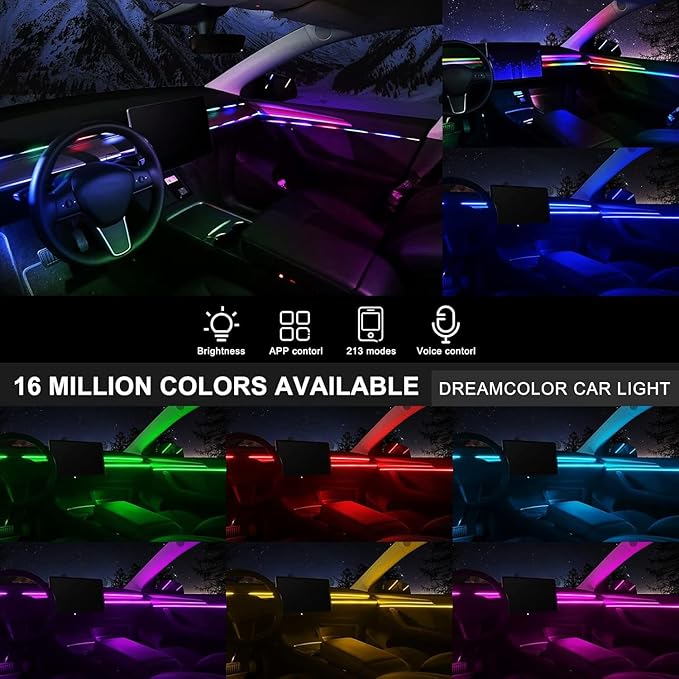 Dreamcolor Acrylic Interior Car LED Strip Light with USB/Type C, 10 in 1 with 179.24 inches 610 LEDs Ambient Lighting Kits, Sound Active Function Neon Accessories