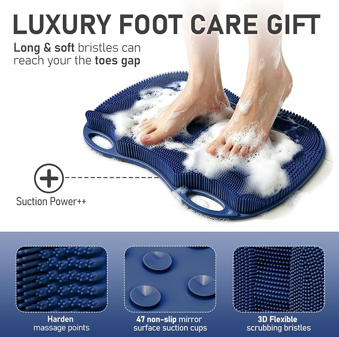 Shower Foot Scrubber Mat Large 2.0- Silicone Feet Toes Massage Exfoliate Cleaner Pad Long Brush Without Bending Non-Slip Suction Cups in Shower Floor Bathtub Foot Relax Spa 17.4 * 13" Navy Blue