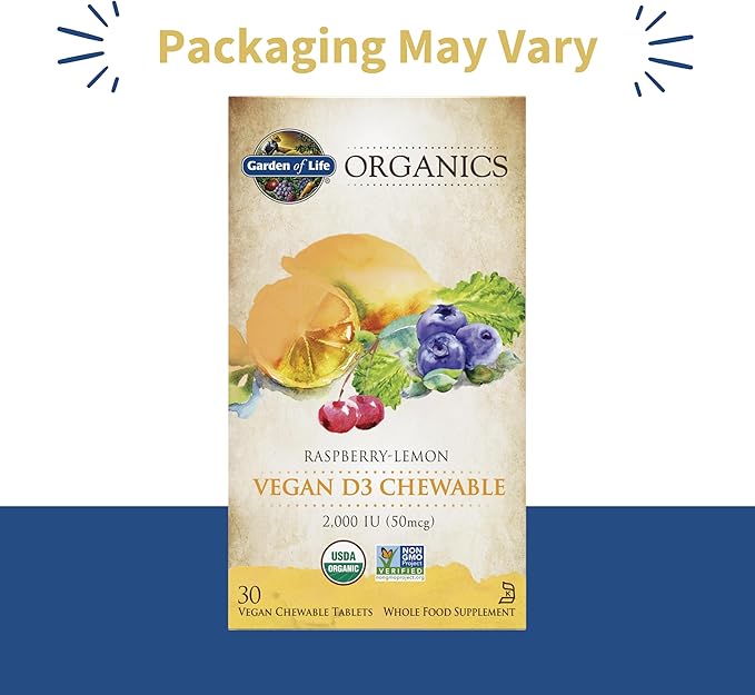 Garden of Life Organics Vitamine D3 Végétalienne Mâchable - Framboise Citron, 2 000 UI (50 µg) Vitamine D3 Alimentaire Complète issue du Lichen Plus Mélange de Superaliments & Champignons, Sans Gluten, 30 Comprimés à Croquer
